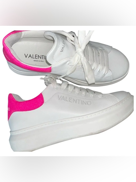 Valentino Shoes - Valentino White Leather Low-Top Sneakers with Pink Heel Tab, Like New, Sz 7